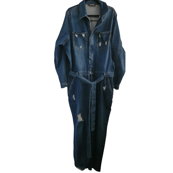 SWANK Distressed Denim Jumpsuit Medium Wash Long Sleeve Belted Blue 3X - Picture 4 of 4
